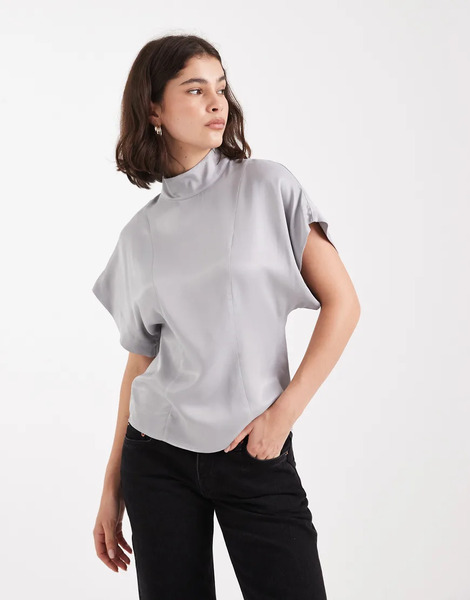  Asos Design High Neck Cinched Satin Top In Grey Multi 