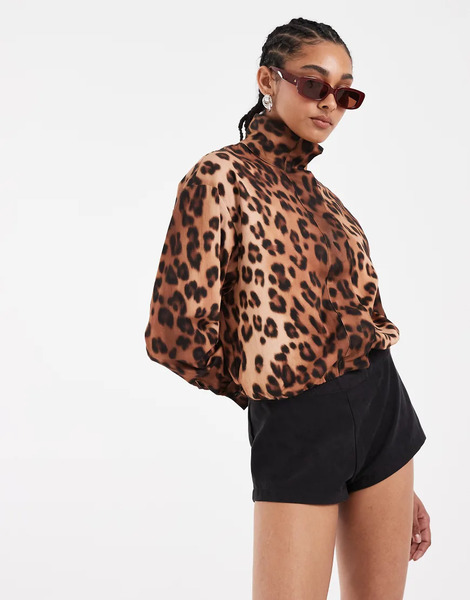  Asos Design High Neck Funnel Neck Bubble Jacket In Leopard Print Co Ord Multi 