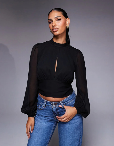  Asos Design High Neck Tie Back Crinkle Top In Black 