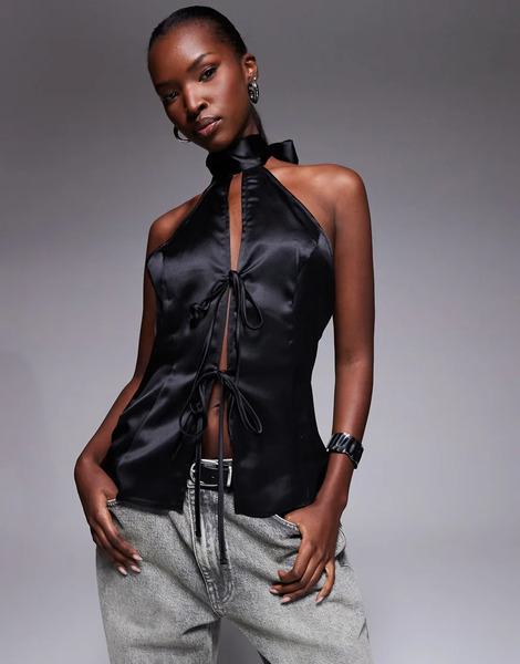  Asos Design High Neck Tie Front Satin Top In Black 