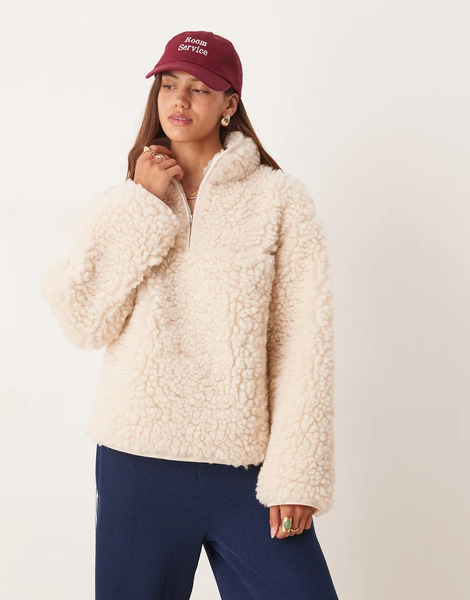  Asos Design High Pile Borg Half Zip Fleece In Cream White 