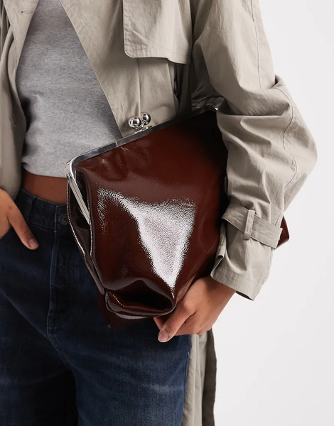  Asos Design High Shine Oversized Frame Clutch Bag In Dark Brown 