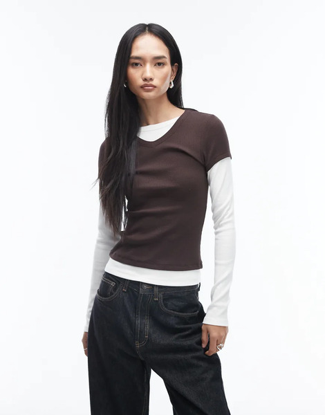  Asos Design High V Neck Double Layer Top In Brown 
