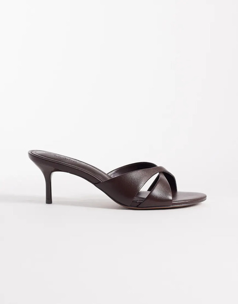  Asos Design Hum Premium Cross Strap Mid Heeled Mules In Chocolate Leather Brown 