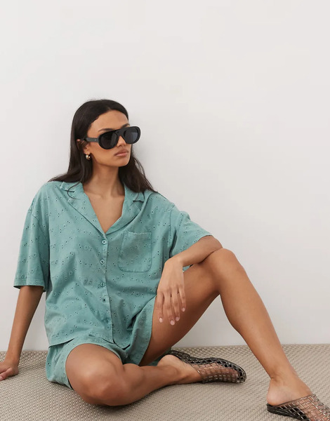  Asos Design Jersey Broderie Collared Button Down Shirt In Washed Blue 