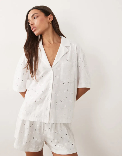  Asos Design Jersey Broderie Collared Button Down Shirt In White 