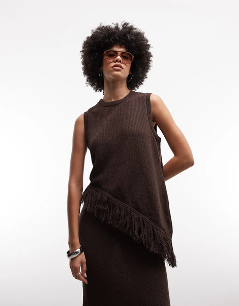  Asos Design Knitted Asymmetrical Fringe Top Co Ord In Brown 