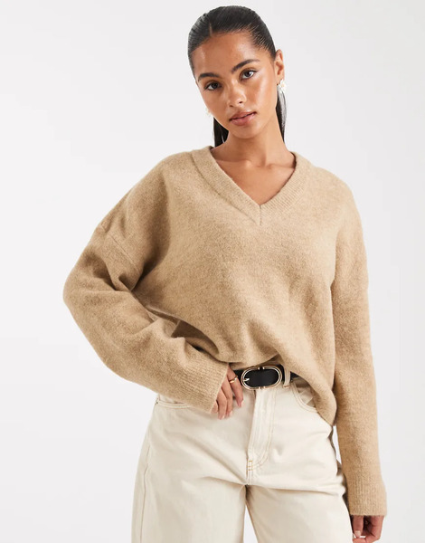  Asos Design Knitted Boxy V Neck Jumper In Rye Neutral 