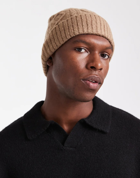  Asos Design Knitted Cable Beanie In Neutral 