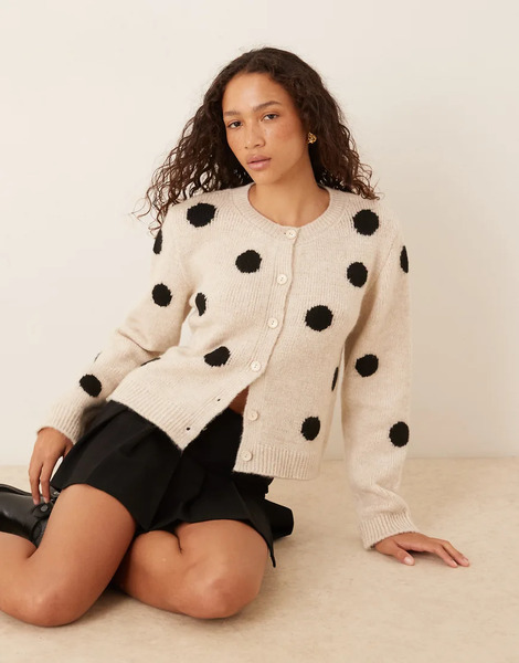  Asos Design Knitted Cardigan With Wool In Polka Dot White 
