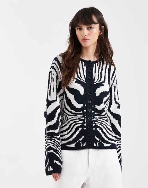 Asos Design Knitted Cardigan With Zebra Jacquard Multi 
