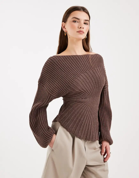  Asos Design Knitted Cinched Pleated Jumper In Brown 