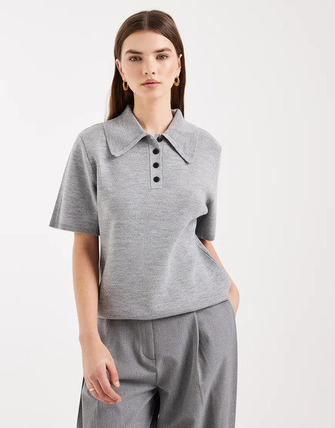  Asos Design Knitted Cinched Polo Top In Grey Marl 
