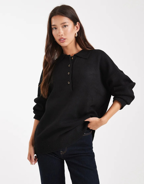  Asos Design Knitted Compact Rugby Shirt In Black 