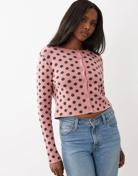  Asos Design Knitted Cropped Cardigan In Pink Polka Dot Multi 
