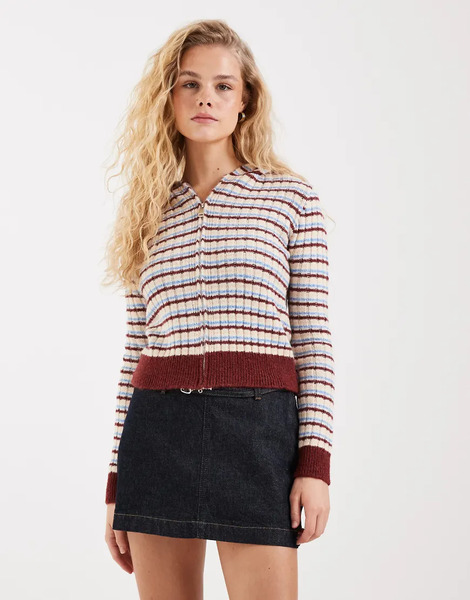  Asos Design Knitted Fitted Zip Up In Multi Stripe 