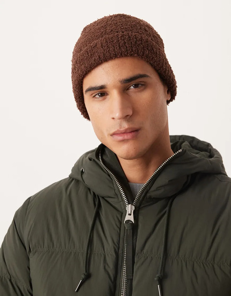  Asos Design Knitted Fleece Beanie In Brown 