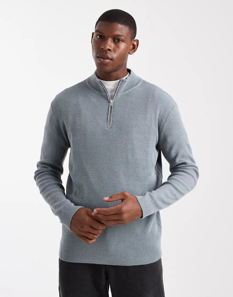  Asos Design Knitted Half Zip Ribbed Jumper In Grey 