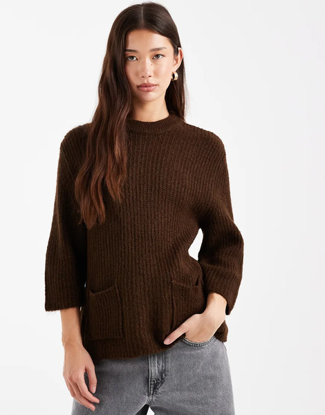  Asos Design Knitted Jumper With Patch Pockets In Brown 