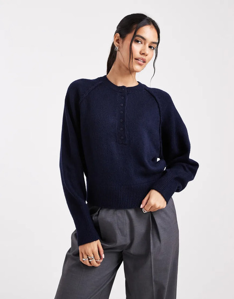  Asos Design Knitted Long Sleeve Henley Jumper In Navy 