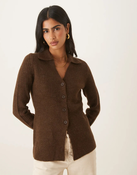  Asos Design Knitted Longline Fitted Shirt In Chocolate Brown 
