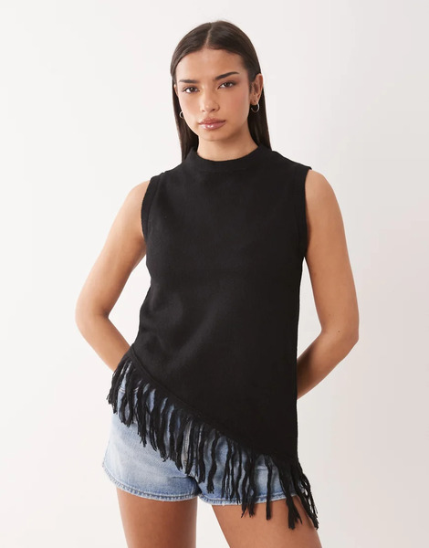  Asos Design Knitted Longline Fringe Tank In Black 