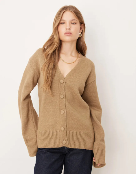  Asos Design Knitted Oversized Cardigan In Mocha Neutral 