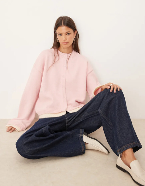  Asos Design Knitted Oversized Cardigan With Double Layer In Pink 