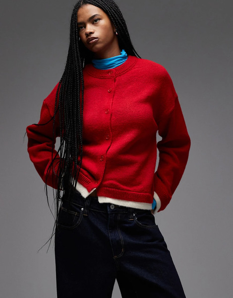  Asos Design Knitted Oversized Cardigan With Double Layer In Red 