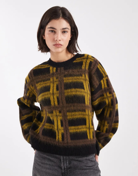  Asos Design Knitted Oversized Jumper In Brushed Khaki Check Multi 