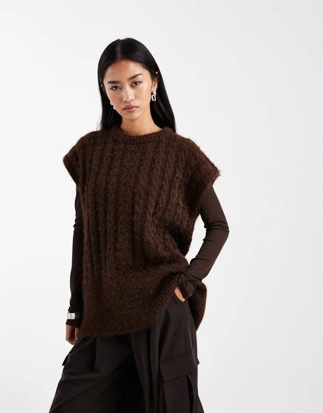  Asos Design Knitted Oversized Tank In Brown Cable Stitch 