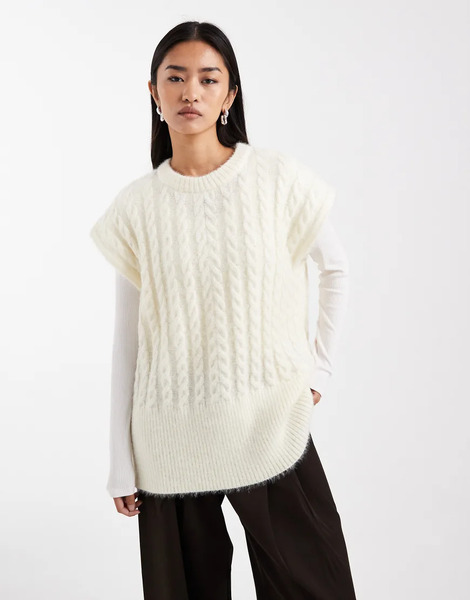  Asos Design Knitted Oversized Tank In Ecru Cable Stitch White 