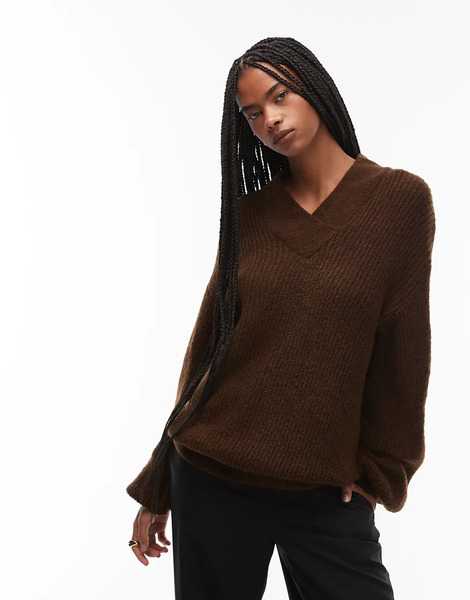  Asos Design Knitted Oversized V Neck Jumper In Brown 