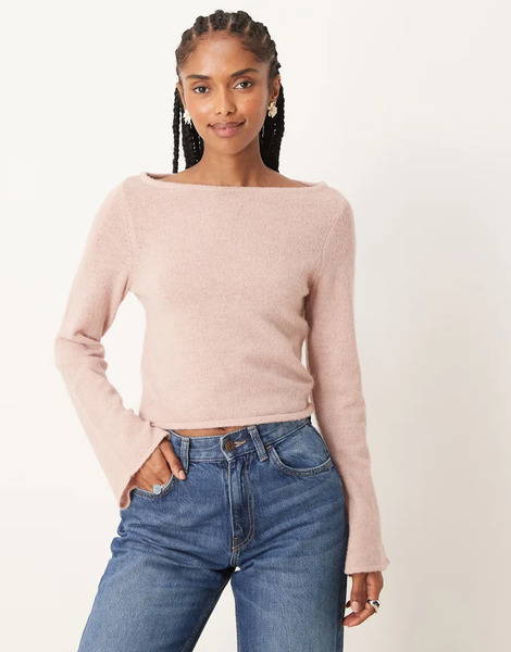  Asos Design Knitted Relaxed Slash Neck Top In Light Pink 