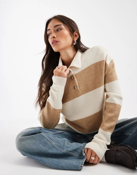  Asos Design Knitted Rugby Top In Beige Stripe Neutral 