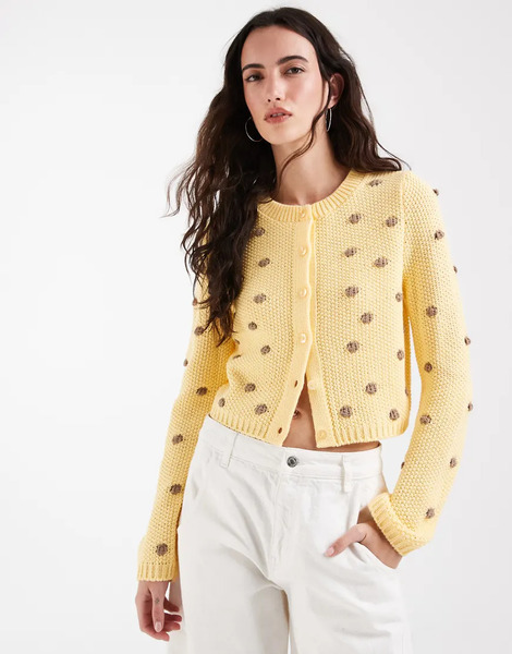  Asos Design Knitted Shrunken Cardigan In Buttermilk Polka Dot Multi 