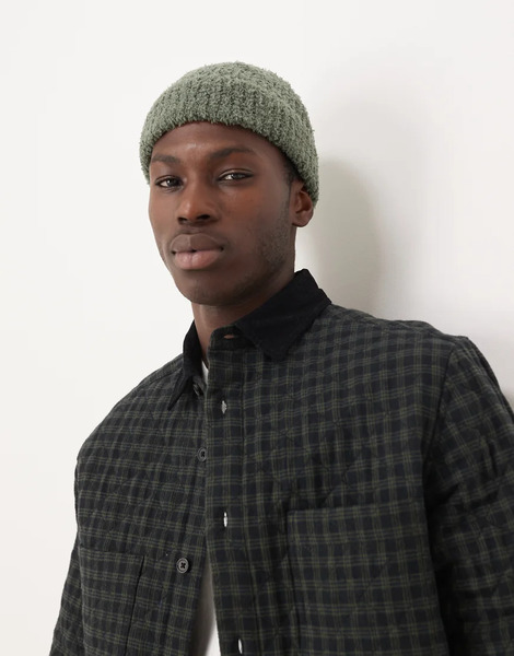  Asos Design Knitted Teddy Fleece Beanie In Green 