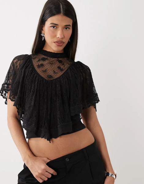  Asos Design Lace Flutter Cape Top With Tie Back In Black 
