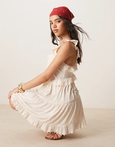  Asos Design Lace Insert Ruffle Tiered Swing Mini Dress In White 