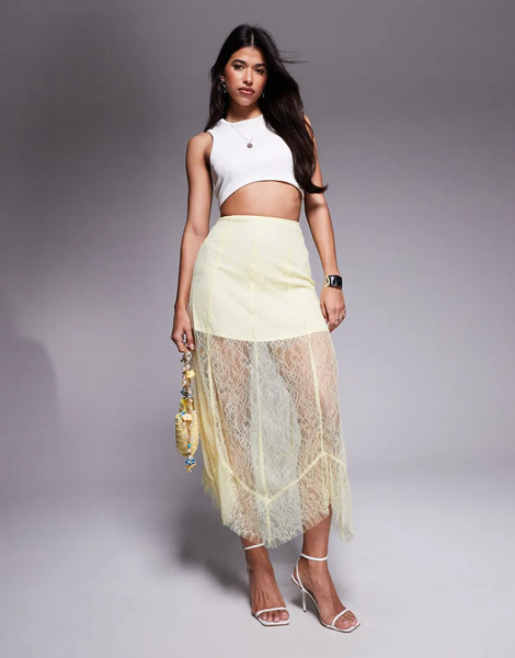  Asos Design Lace Maxi Skirt With Mini Lining In Yellow 