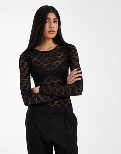  Asos Design Lace Sheer Long Sleeve Bodysuit In Black 
