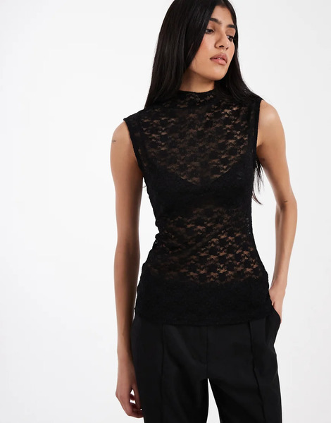  Asos Design Lace Sheer Longline Tank Top In Black 