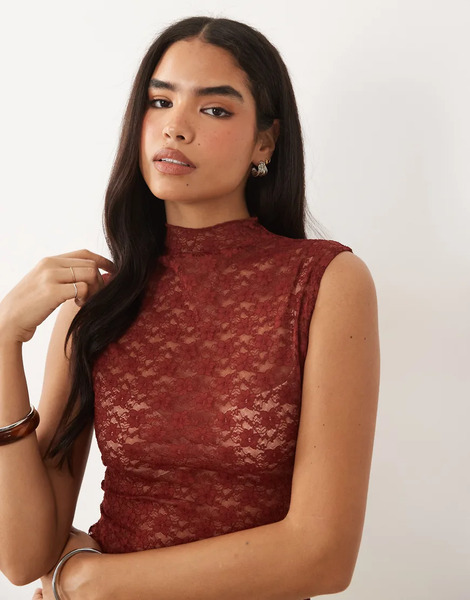  Asos Design Lace Sheer Longline Tank Top In Rust Red 