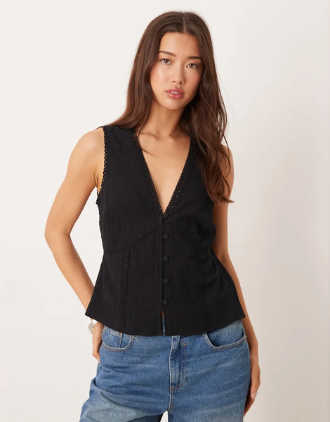  Asos Design Lace Trim Waistcoat In Black 