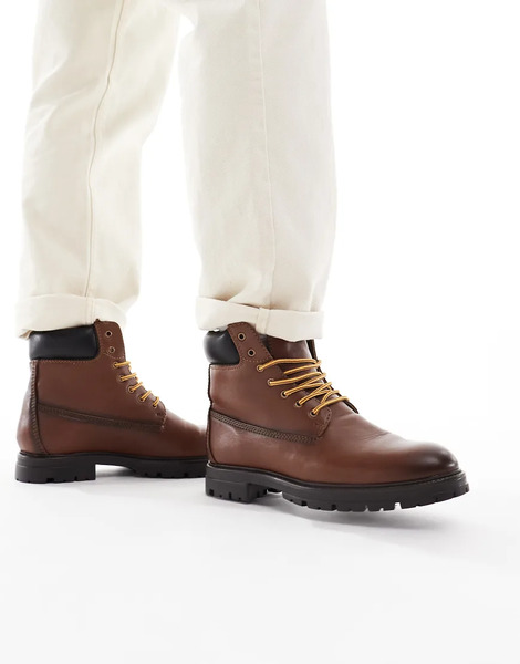  Asos Design Lace Up Worker Boots In Brown Leather 