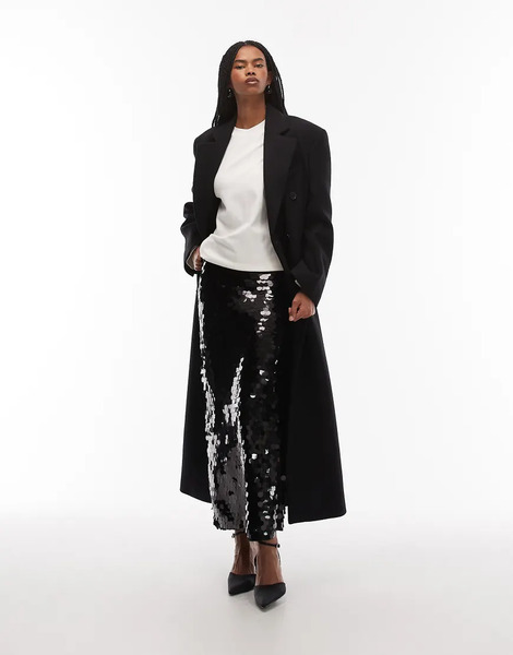  Asos Design Large Sequin Midi Skirt In Black 