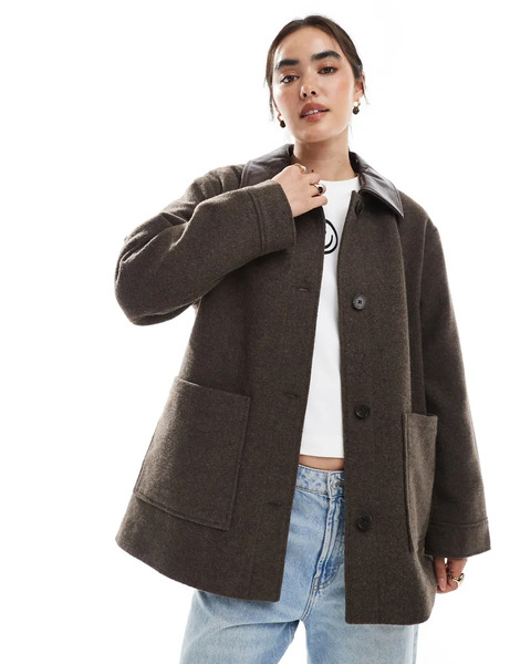  Asos Design Leather Look Collar Formal Jacket With Quilt Lining In Mocha Brown 