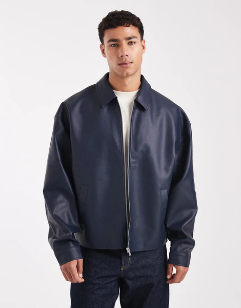  Asos Design Leather Look Jacket In Navy 