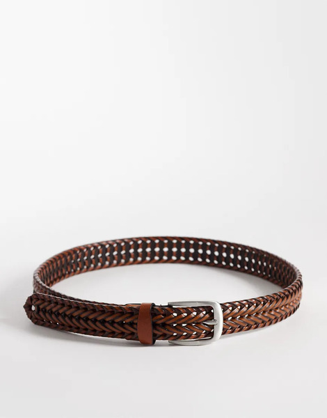  Asos Design Leather Smart Woven Belt In Tan Brown 