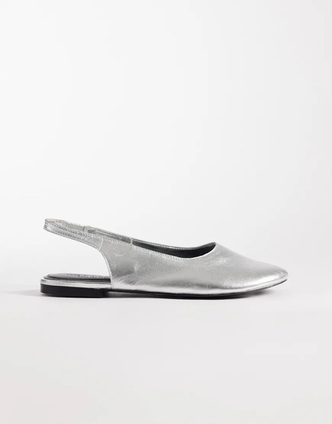  Asos Design Lenza Premium Slingback Ballets In Silver Leather 